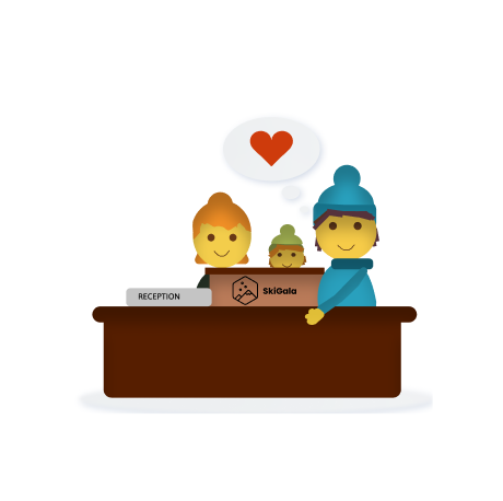 Familie bei Rezeption  in Skigebiet Hotel SkiGala Skibekleidung Schachtel  ; Familie gibt die Box bei der Hotelrezeption mit gemietete Skibekleidung ab