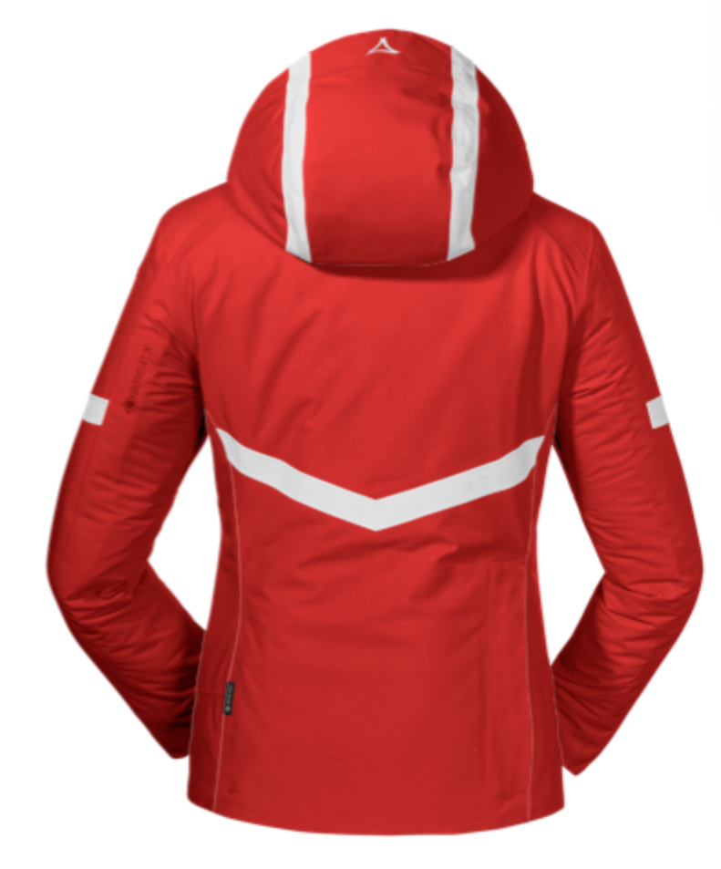 Damen Skijacke Schöffel Teamwear  rot weiße Streifen  Skibekleidung zum mieten in Ischgl 
