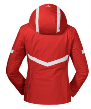 Women's Ski Jacket Schöffel Online Rental, Damen Skijacke Schöffel Teamwear  rot weiße Streifen zum mieten  Skibekleidung viele Taschen, hinten