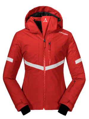 Damen Skijacke Schöffel Teamwear  rot weiße Streifen zum mieten  Skibekleidung online mieten , viele Taschen, forner